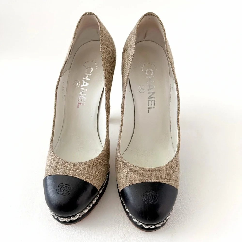 CHANEL | Beige Tweed & Black Cap Toe Platform Pumps with Chain Detail EU 37